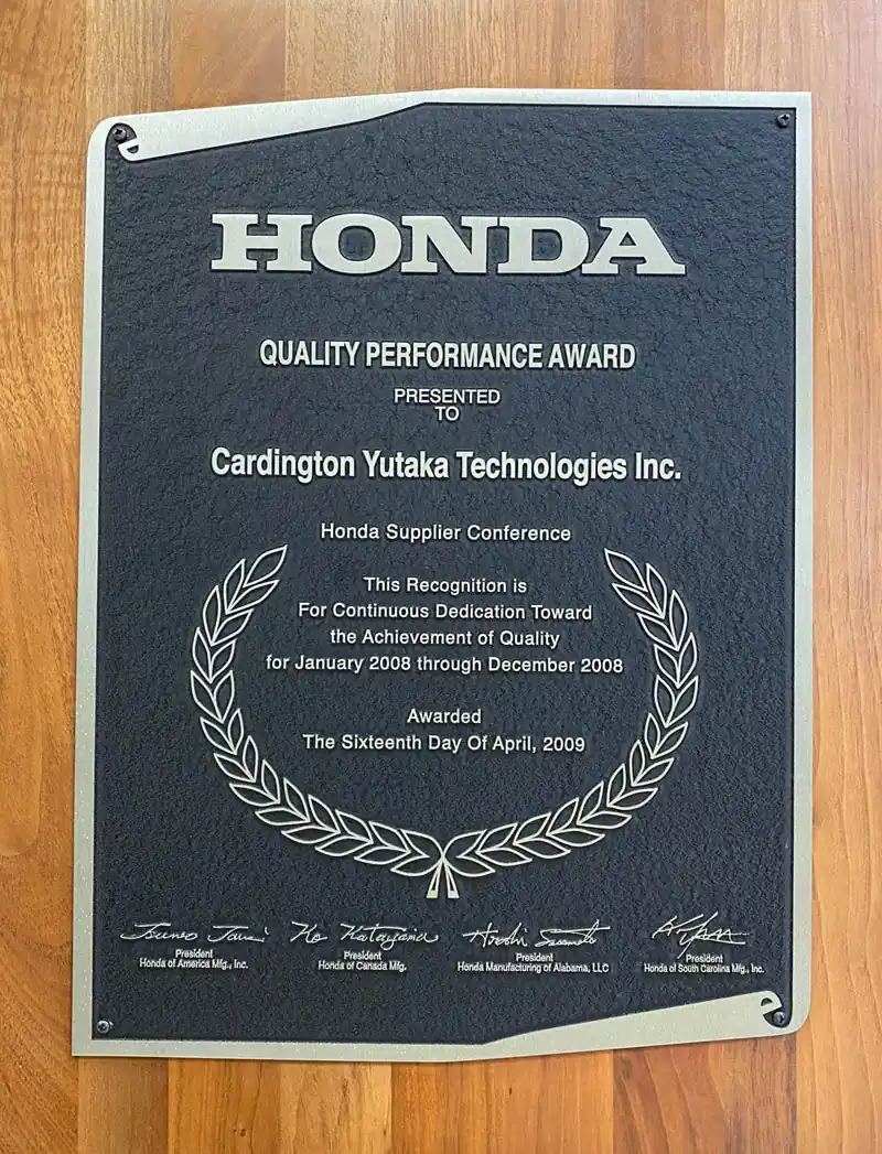 Quality Performance Award to Cardington Yutaka Technologies inc. 