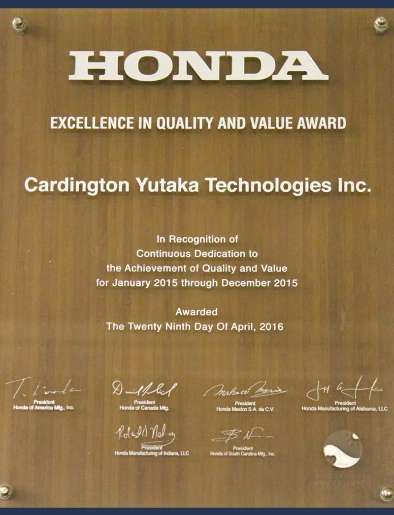 Excellence in Quality and Value Award to Cardington Yutaka Technologies inc. 