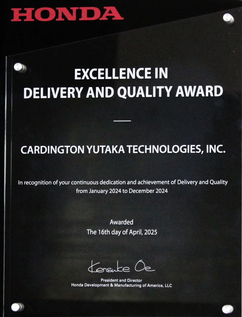 Excellence in Delivery and Quality Award to Cardington Yutaka Technologies inc. 